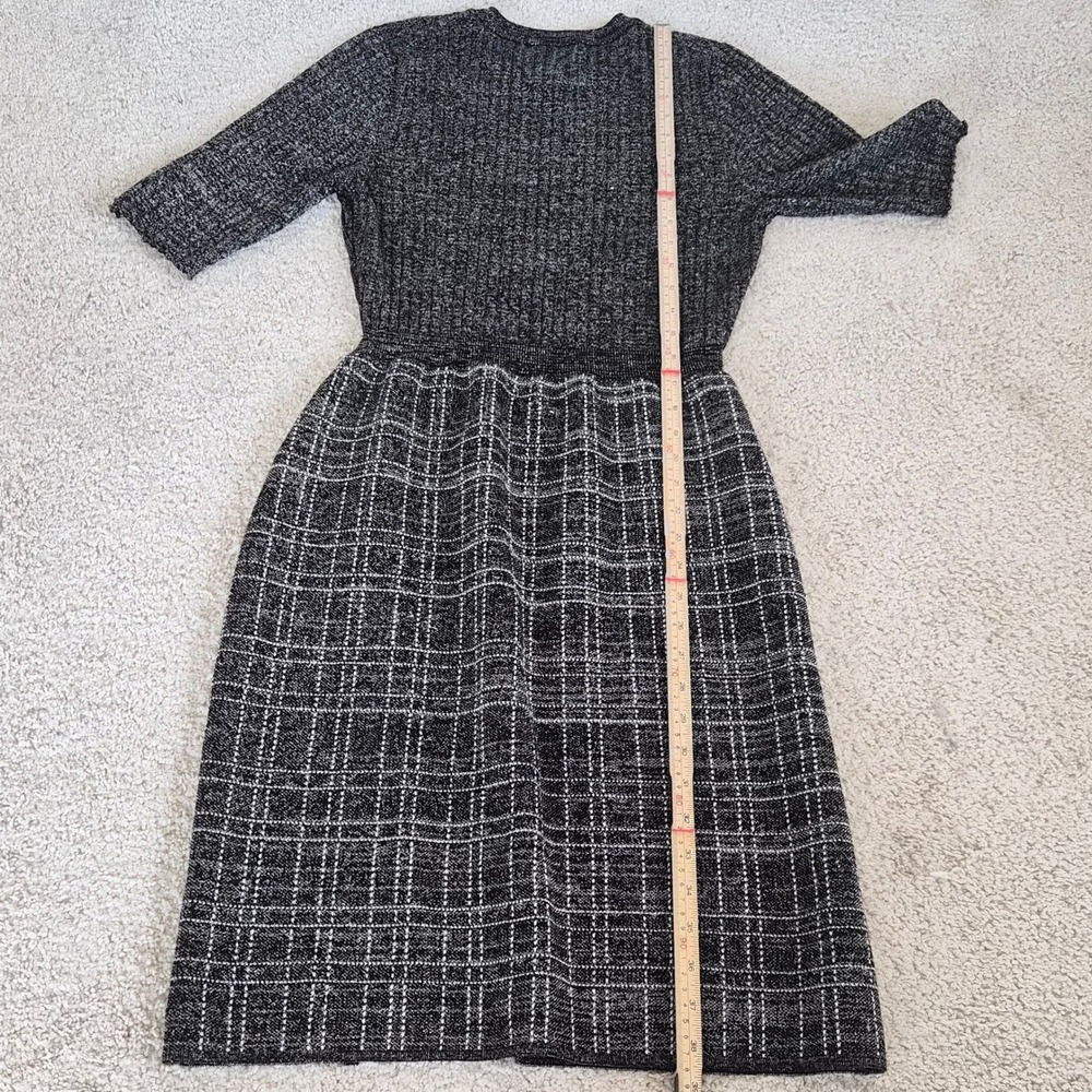 London Times Metallic Sweater Dress Large Black Plaid Button Dark Academia - Picture 9 of 11